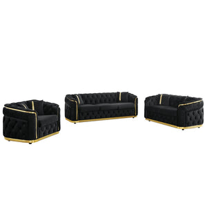 English Elm 3 Piece Chesterfield Velvet Sofa Set with Gold Steel Trim Button Tufted Living Room Suite Black W1191S00132