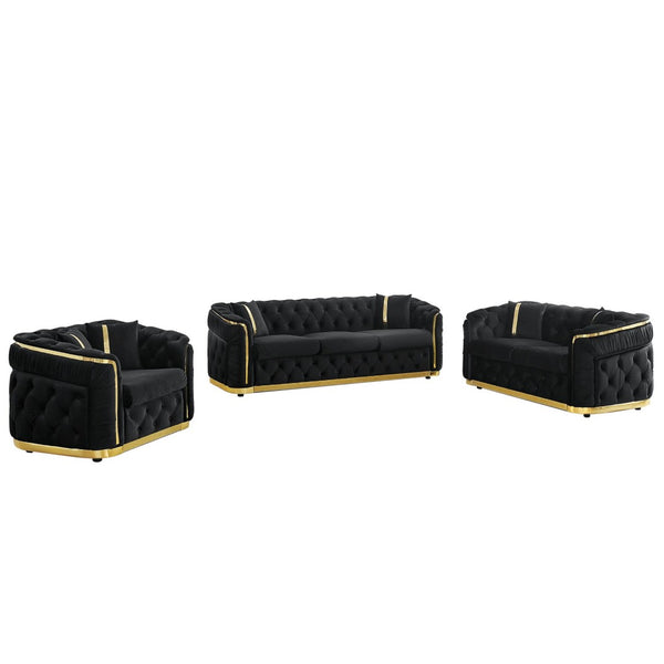 English Elm 3 Piece Chesterfield Velvet Sofa Set with Gold Steel Trim Button Tufted Living Room Suite Black W1191S00132