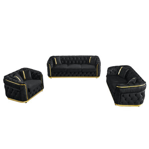 English Elm 3 Piece Chesterfield Velvet Sofa Set with Gold Steel Trim Button Tufted Living Room Suite Black W1191S00132