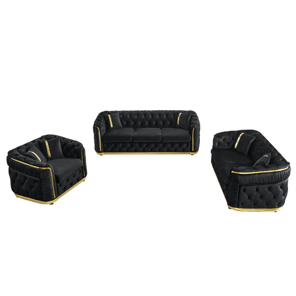 English Elm 3 Piece Chesterfield Velvet Sofa Set with Gold Steel Trim Button Tufted Living Room Suite Black W1191S00132
