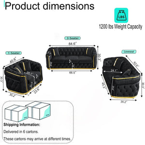 English Elm 3 Piece Chesterfield Velvet Sofa Set with Gold Steel Trim Button Tufted Living Room Suite Black W1191S00132
