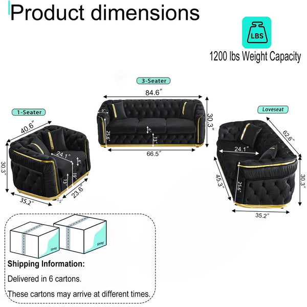 English Elm 3 Piece Chesterfield Velvet Sofa Set with Gold Steel Trim Button Tufted Living Room Suite Black W1191S00132