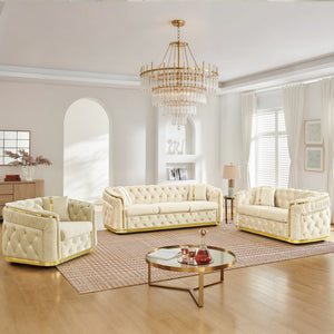 English Elm 3 Piece Chesterfield Velvet Sofa Set with Gold Steel Trim Button Tufted Living Room Suite Beige W1191S00133