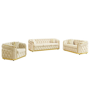 English Elm 3 Piece Chesterfield Velvet Sofa Set with Gold Steel Trim Button Tufted Living Room Suite Beige W1191S00133