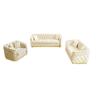 English Elm 3 Piece Chesterfield Velvet Sofa Set with Gold Steel Trim Button Tufted Living Room Suite Beige W1191S00133