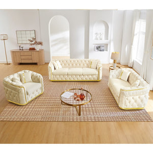 English Elm 3 Piece Chesterfield Velvet Sofa Set with Gold Steel Trim Button Tufted Living Room Suite Beige W1191S00133