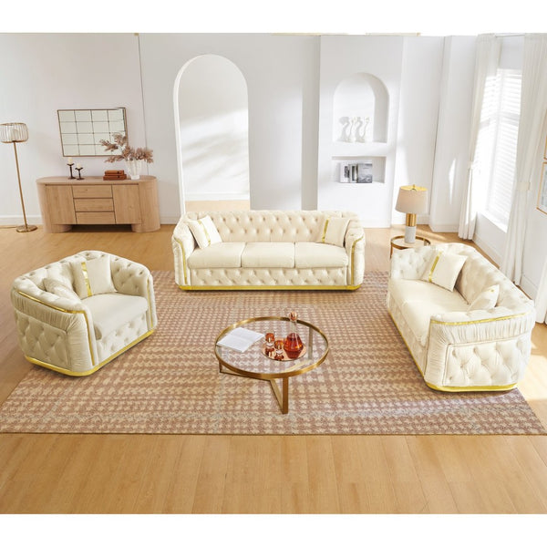 English Elm 3 Piece Chesterfield Velvet Sofa Set with Gold Steel Trim Button Tufted Living Room Suite Beige W1191S00133