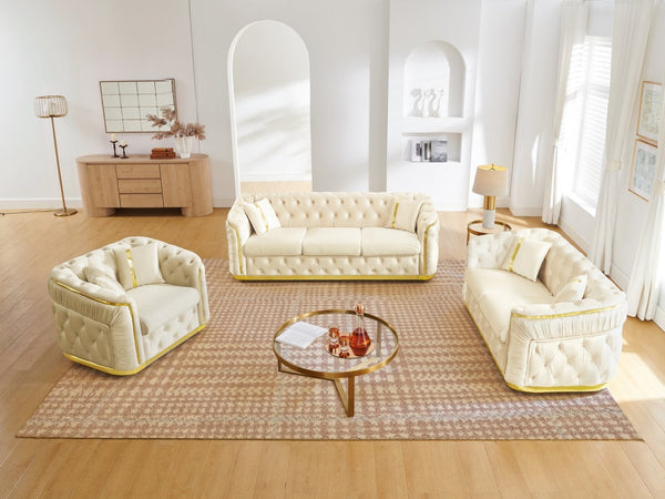 English Elm 3 Piece Chesterfield Velvet Sofa Set with Gold Steel Trim Button Tufted Living Room Suite Beige W1191S00133