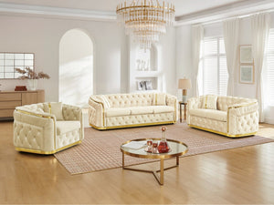 English Elm 3 Piece Chesterfield Velvet Sofa Set with Gold Steel Trim Button Tufted Living Room Suite Beige W1191S00133
