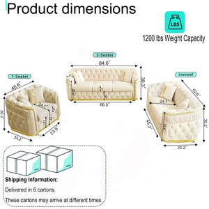 English Elm 3 Piece Chesterfield Velvet Sofa Set with Gold Steel Trim Button Tufted Living Room Suite Beige W1191S00133
