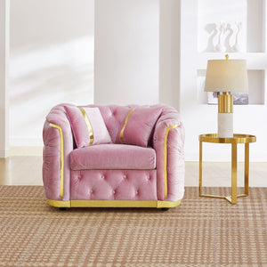 English Elm 40.6 Inch Chesterfield Tufted Velvet Accent Chair Gold Steel Trim Luxury Living Room Seat Pink W1191S00134