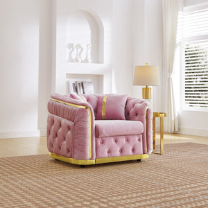 English Elm 40.6 Inch Chesterfield Tufted Velvet Accent Chair Gold Steel Trim Luxury Living Room Seat Pink W1191S00134