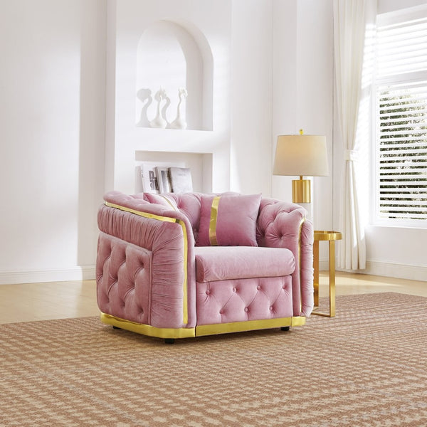 English Elm 40.6 Inch Chesterfield Tufted Velvet Accent Chair Gold Steel Trim Luxury Living Room Seat Pink W1191S00134