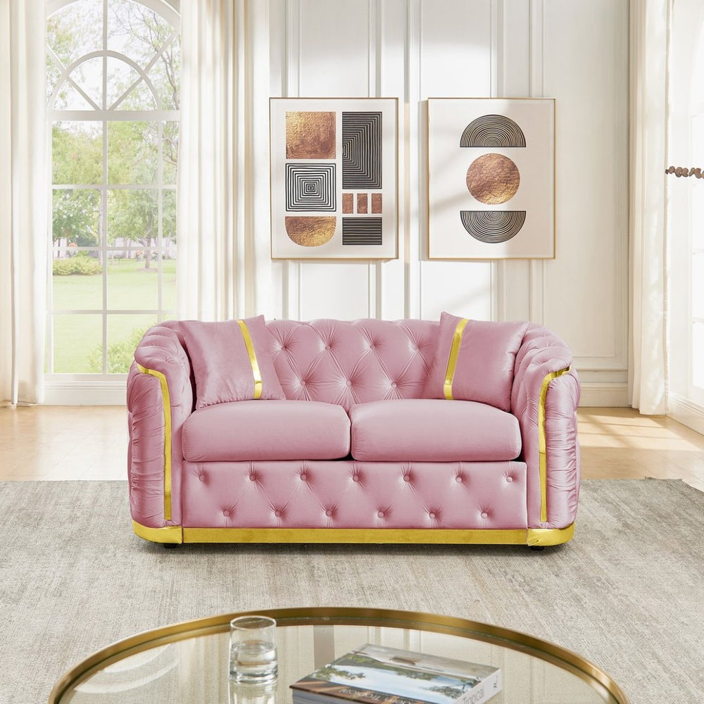 English Elm 62.6 Inch Velvet Chesterfield Loveseat with Gold Trim Button Tufted Luxury Seating W1191S00135