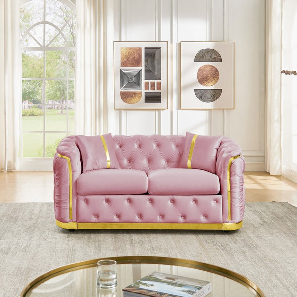 English Elm 62.6 Inch Velvet Chesterfield Loveseat with Gold Trim Button Tufted Luxury Seating W1191S00135