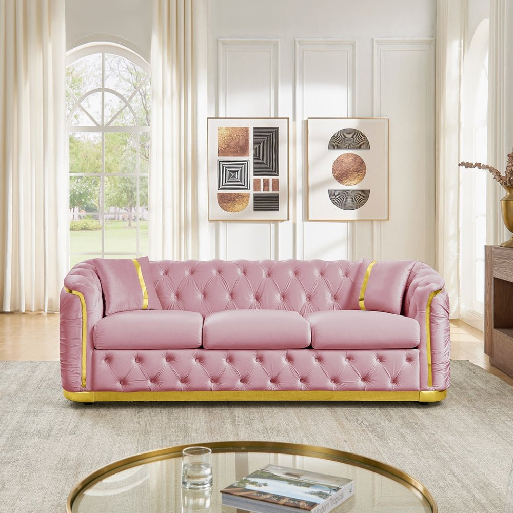 English Elm 84.6 Inch Velvet Chesterfield Sofa Tufted Three Seat Living Room Glam Couch with Gold Trim W1191S00136