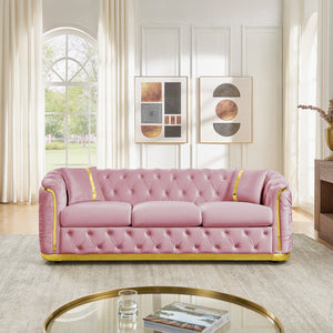 English Elm 84.6 Inch Velvet Chesterfield Sofa Tufted Three Seat Living Room Glam Couch with Gold Trim W1191S00136