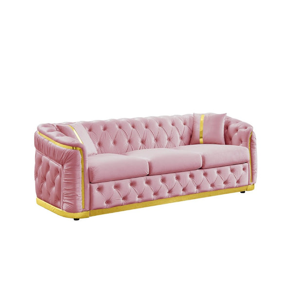 English Elm 84.6 Inch Velvet Chesterfield Sofa Tufted Three Seat Living Room Glam Couch with Gold Trim W1191S00136