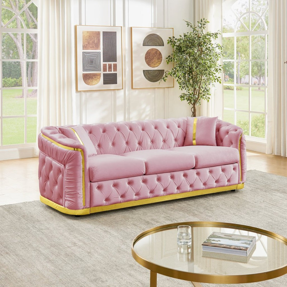 English Elm 84.6 Inch Velvet Chesterfield Sofa Tufted Three Seat Living Room Glam Couch with Gold Trim W1191S00136