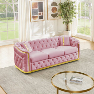 English Elm 84.6 Inch Velvet Chesterfield Sofa Tufted Three Seat Living Room Glam Couch with Gold Trim W1191S00136