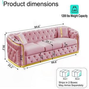English Elm 84.6 Inch Velvet Chesterfield Sofa Tufted Three Seat Living Room Glam Couch with Gold Trim W1191S00136