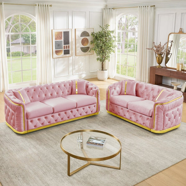 English Elm 2 Piece Blush Velvet Chesterfield Sofa Set Tufted Living Room Couch with Gold Trim W1191S00137