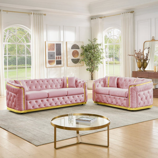 English Elm 2 Piece Blush Velvet Chesterfield Sofa Set Tufted Living Room Couch with Gold Trim W1191S00137
