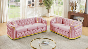 English Elm 2 Piece Blush Velvet Chesterfield Sofa Set Tufted Living Room Couch with Gold Trim W1191S00137
