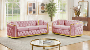 English Elm 2 Piece Blush Velvet Chesterfield Sofa Set Tufted Living Room Couch with Gold Trim W1191S00137
