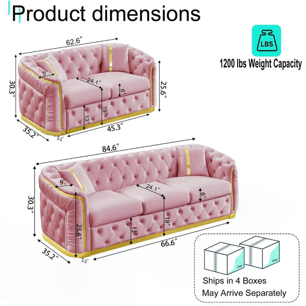 English Elm 2 Piece Blush Velvet Chesterfield Sofa Set Tufted Living Room Couch with Gold Trim W1191S00137