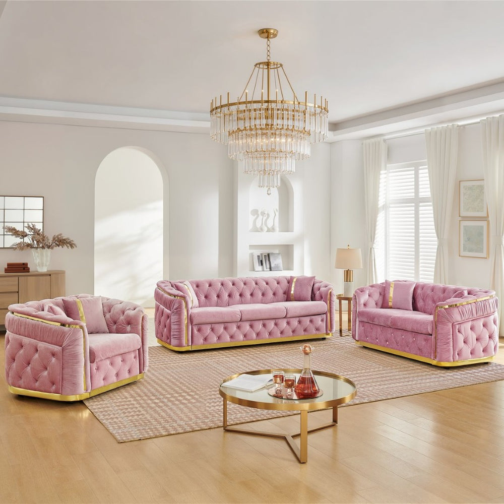 English Elm 3 Piece Chesterfield Velvet Sofa Set with Gold Steel Trim Button Tufted Living Room Suite Pink W1191S00138