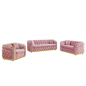 English Elm 3 Piece Chesterfield Velvet Sofa Set with Gold Steel Trim Button Tufted Living Room Suite Pink W1191S00138