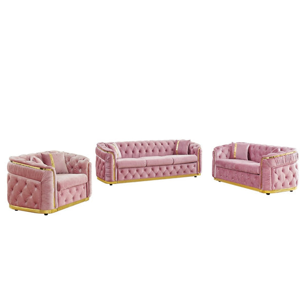 English Elm 3 Piece Chesterfield Velvet Sofa Set with Gold Steel Trim Button Tufted Living Room Suite Pink W1191S00138