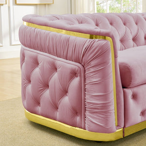 English Elm 3 Piece Chesterfield Velvet Sofa Set with Gold Steel Trim Button Tufted Living Room Suite Pink W1191S00138