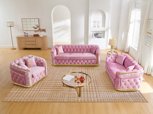English Elm 3 Piece Chesterfield Velvet Sofa Set with Gold Steel Trim Button Tufted Living Room Suite Pink W1191S00138