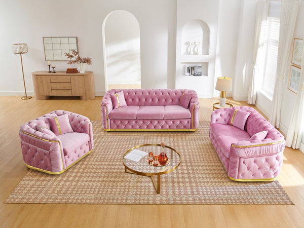 English Elm 3 Piece Chesterfield Velvet Sofa Set with Gold Steel Trim Button Tufted Living Room Suite Pink W1191S00138