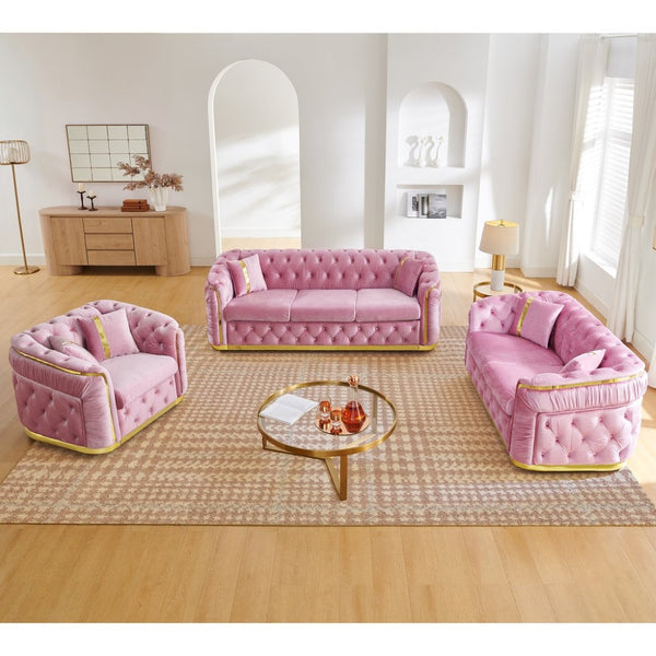 English Elm 3 Piece Chesterfield Velvet Sofa Set with Gold Steel Trim Button Tufted Living Room Suite Pink W1191S00138