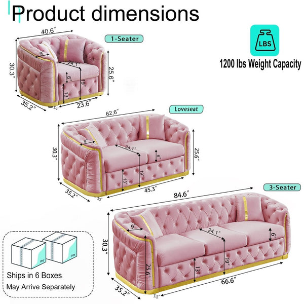 English Elm 3 Piece Chesterfield Velvet Sofa Set with Gold Steel Trim Button Tufted Living Room Suite Pink W1191S00138