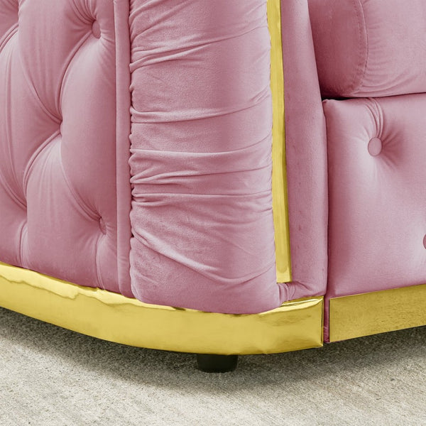 English Elm 3 Piece Chesterfield Velvet Sofa Set with Gold Steel Trim Button Tufted Living Room Suite Pink W1191S00138