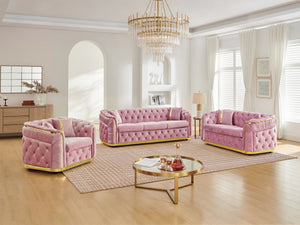 English Elm 3 Piece Chesterfield Velvet Sofa Set with Gold Steel Trim Button Tufted Living Room Suite Pink W1191S00138