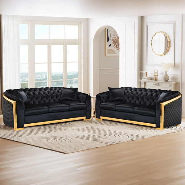 English Elm 2 Piece Black Velvet Chesterfield Sofa Set with Gold Trim and Button Tufting W1191S00140