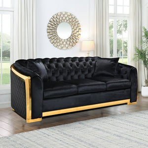 English Elm 2 Piece Black Velvet Chesterfield Sofa Set with Gold Trim and Button Tufting W1191S00140