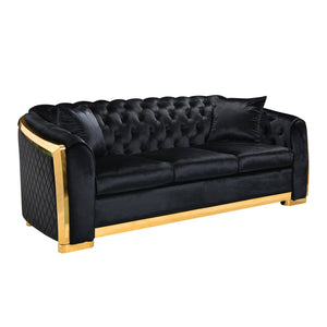 English Elm 2 Piece Black Velvet Chesterfield Sofa Set with Gold Trim and Button Tufting W1191S00140