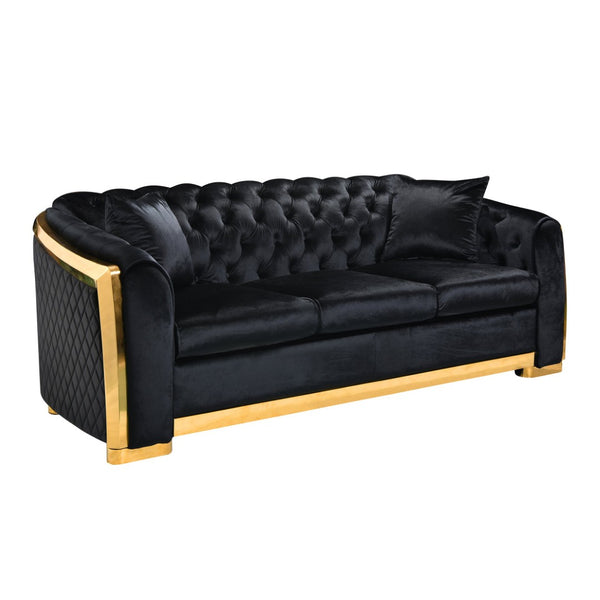 English Elm 2 Piece Black Velvet Chesterfield Sofa Set with Gold Trim and Button Tufting W1191S00140