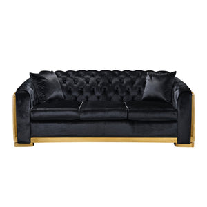 English Elm 2 Piece Black Velvet Chesterfield Sofa Set with Gold Trim and Button Tufting W1191S00140