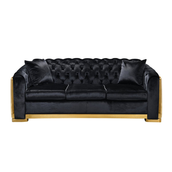 English Elm 2 Piece Black Velvet Chesterfield Sofa Set with Gold Trim and Button Tufting W1191S00140