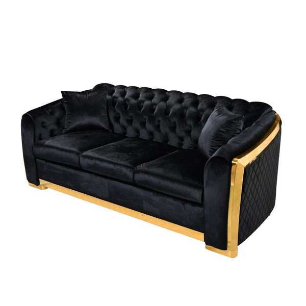 English Elm 2 Piece Black Velvet Chesterfield Sofa Set with Gold Trim and Button Tufting W1191S00140