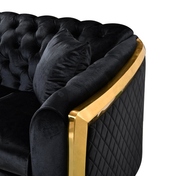 English Elm 2 Piece Black Velvet Chesterfield Sofa Set with Gold Trim and Button Tufting W1191S00140