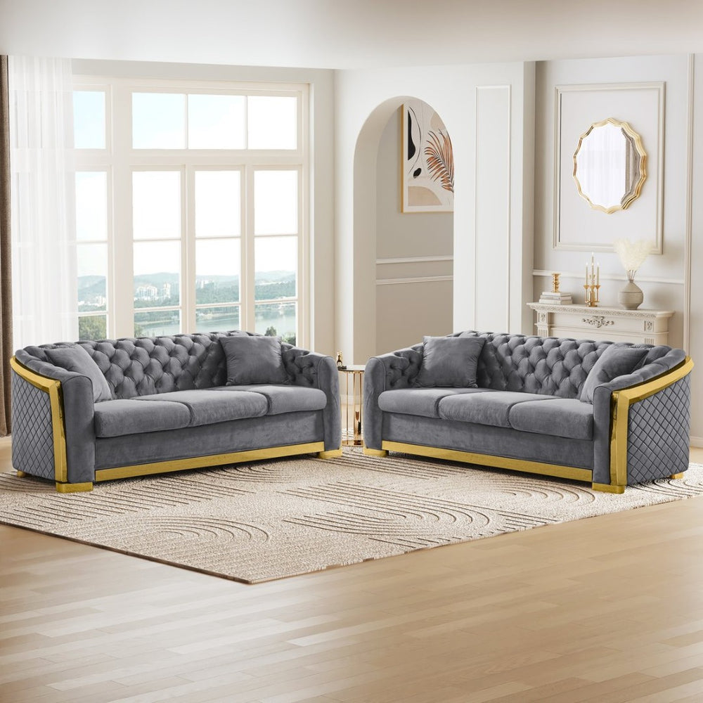 English Elm 2 Piece Grey Velvet Chesterfield Sofa Set Tufted 3 Seater with Gold Steel Legs W1191S00141