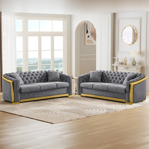 English Elm 2 Piece Grey Velvet Chesterfield Sofa Set Tufted 3 Seater with Gold Steel Legs W1191S00141